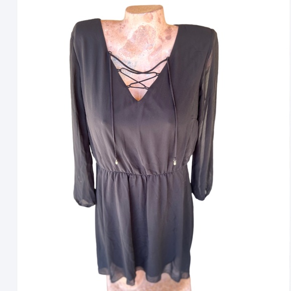 Sheer Lace Up V-Neck Long Sheer Long Sleeve Dress - Picture 3 of 7